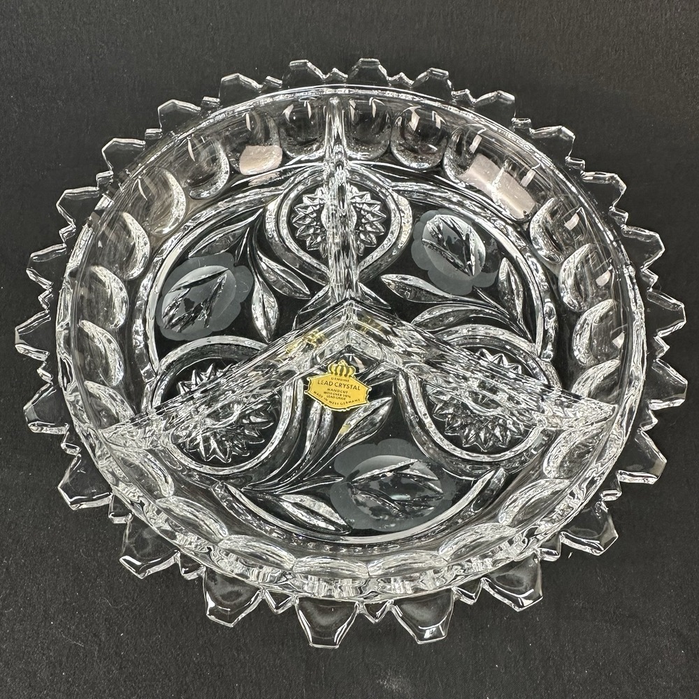 West German 9" Lead Crystal Three-Section Cut Glass Serving Dish, Vintage